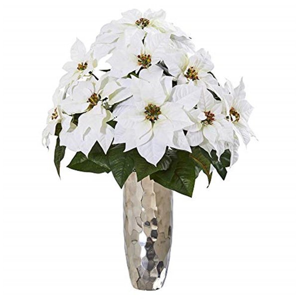 Nearly Naturals Poinsettia Artificial Arrangement in Silver Cylinder Vase A1110